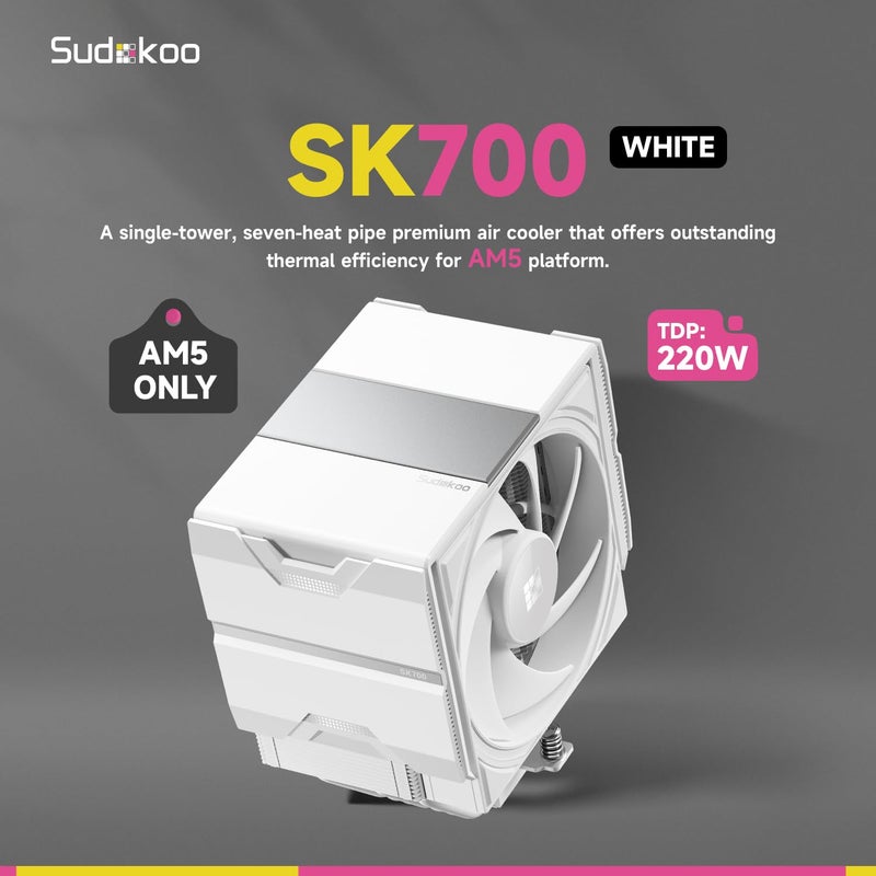 Sudokoo مبرد المعالج SK700 الأبيض AM5: مبرد هواء للمعالج مع 7 أنابيب حرارية حصري لـ AM5 - برج واحد لتبريد الكمبيوتر مع مروحة هادئة FDB PWM بحجم 120 مم وتركيب قفل L-Rail - Image 2